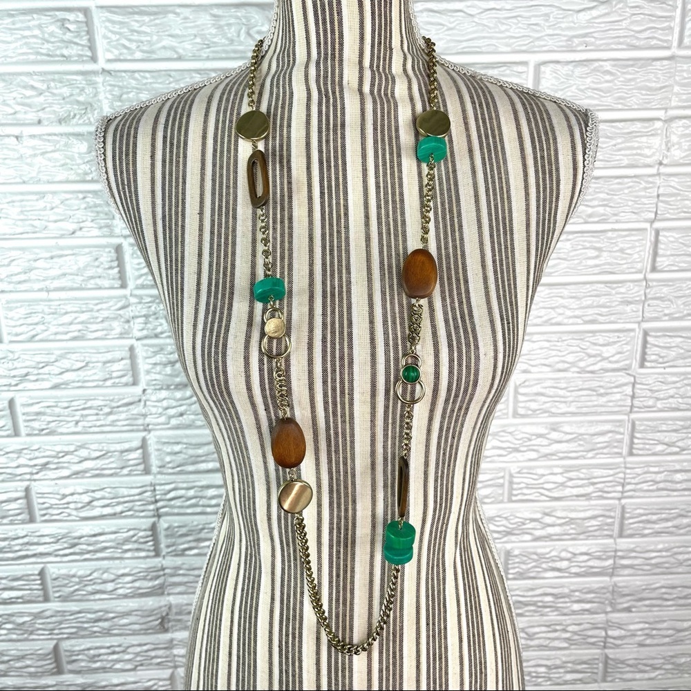 Chicos Long Gold Tone Statement Necklace Brown Faux Wood And Green Beads
